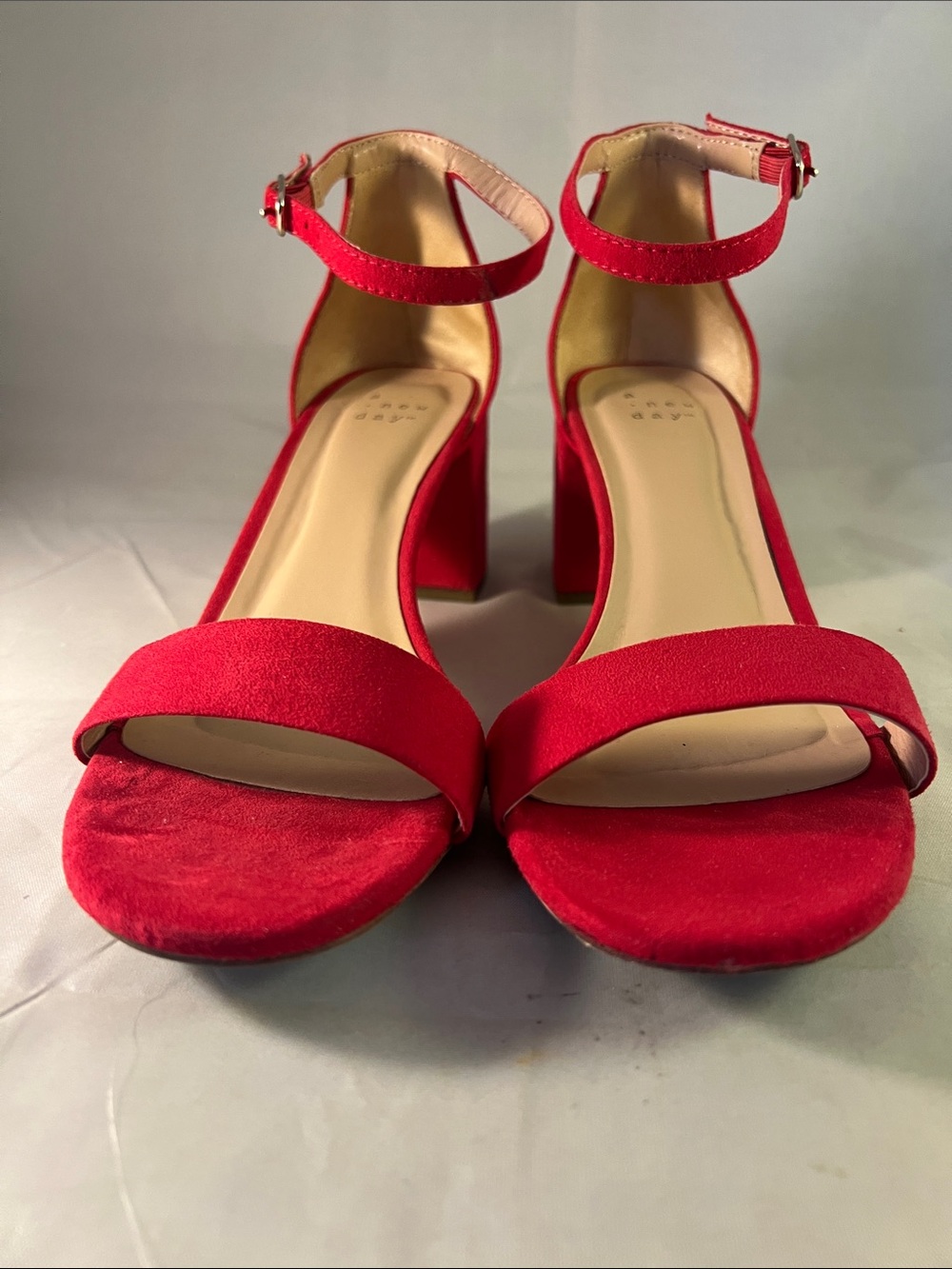 Red Suede Block Heel Ankle-Strap Sandals for Women 7.5